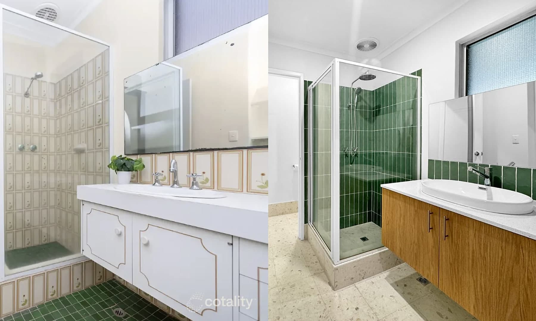 The bathroom before and after, side by side. Before, a framed shower screen, patterned cream wall tiles, dark green floor tiles and a laminate vanity. After, a green tiled shower recess with a rain head, a timber vanity with a basin on top, and pale terrazzo look floor tiles.