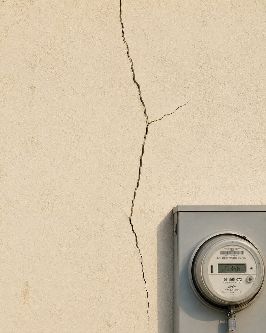 A cracked rendered wall beside an electricity meter box, shot in 4K, with the crack and the meter reading both sharp.