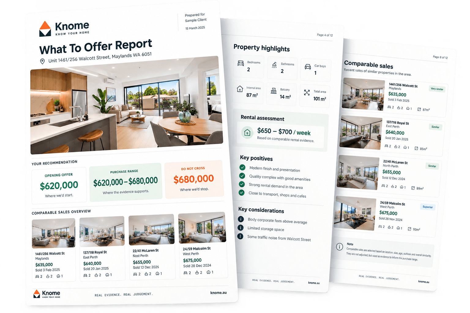 The What To Offer Report, showing the recommended purchase range, the comparable sales and the property risk summary.