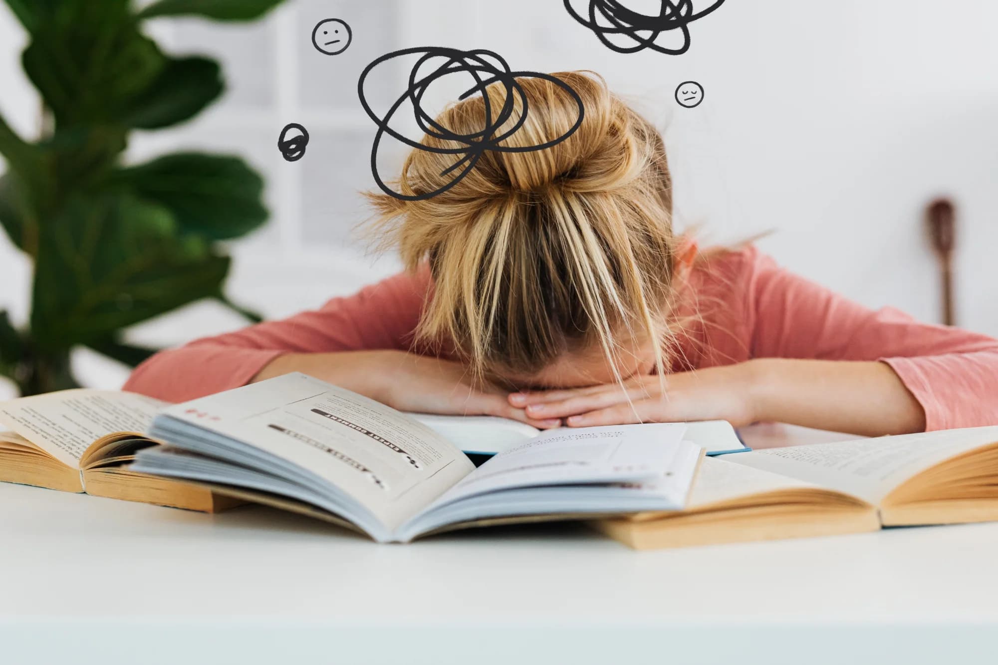 Stressed Lady laying on a pile of paperwork